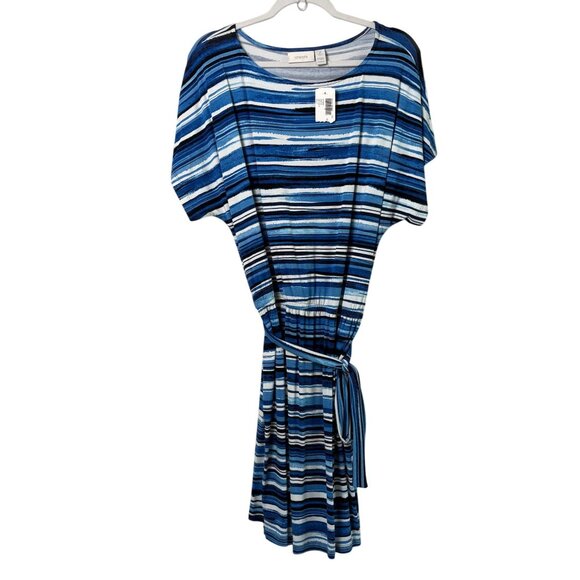 Chicos Cinch Waist Dress Size 2 US L Blue Striped Belt Short Dolman Sleeve NWT - Picture 1 of 12